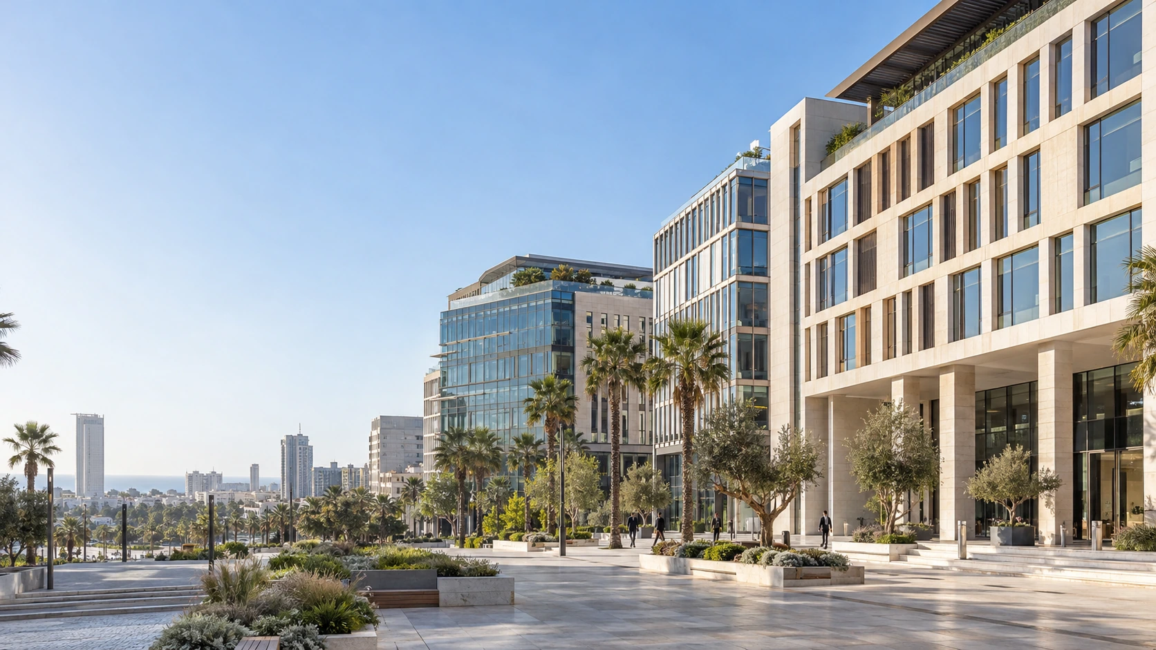 Illustration architecturale d’un quartier d’affaires marocain contemporain